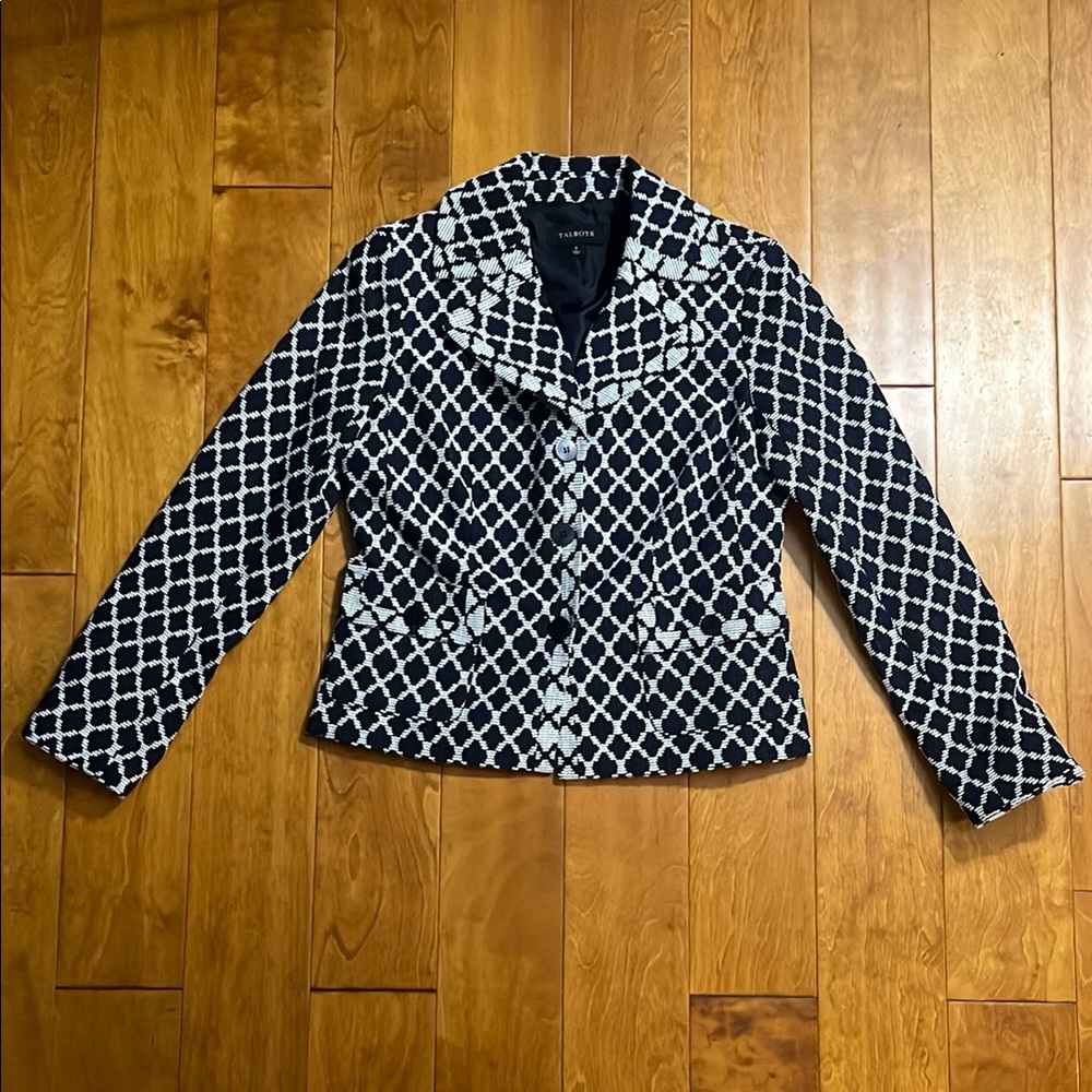 Talbots Geometric Blazer Size 8 Navy White Career Preppy Academia Classic Jacket